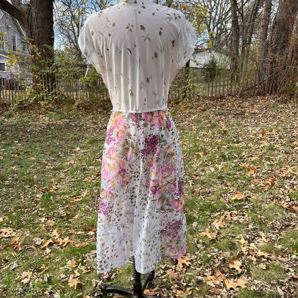 Vintage 80s Whimsy Sheer Floral Swiss Dot Wrap Front Dress - Picture 8 of 9